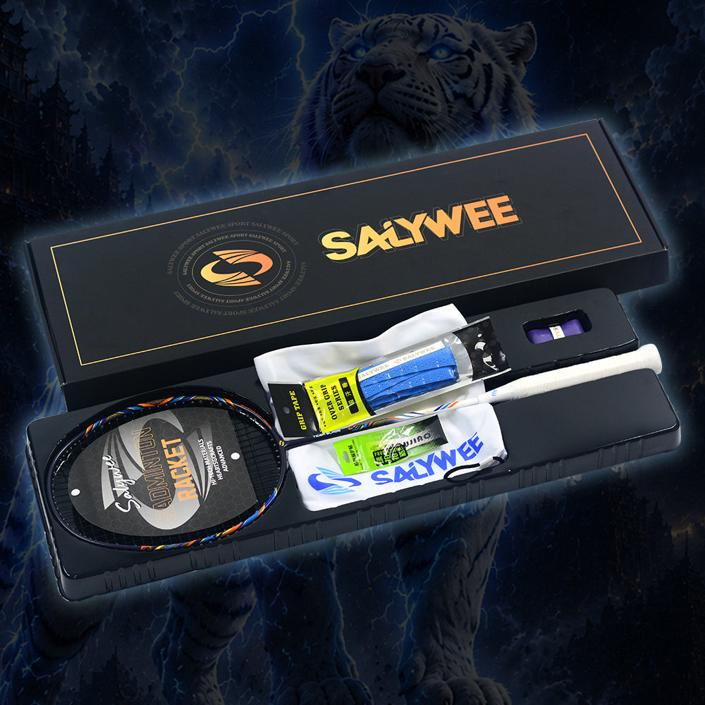 SALYWEE Tiger Blade SY908 T800 Carbon Fiber Badminton Racket 4U Offensive Type Max 32LBS Factory Pre‑Strung 26LBS 298±3mm Balance Blue‑White Color