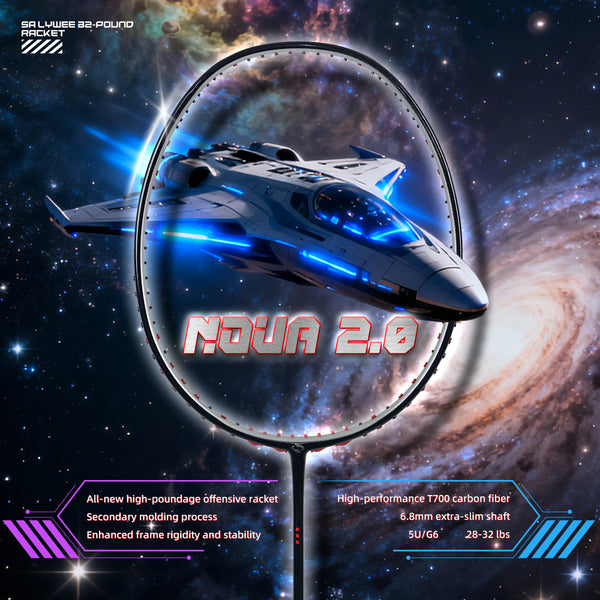 SALYWEE NOVA2.0 Offensive Badminton Racket 5U Ultra‑Light, T700+30T High‑Rigidity Carbon Fiber, 300±5mm Balance, 6.8mm Ultra‑Thin Shaft, 28‑32LBS, 76 String Holes