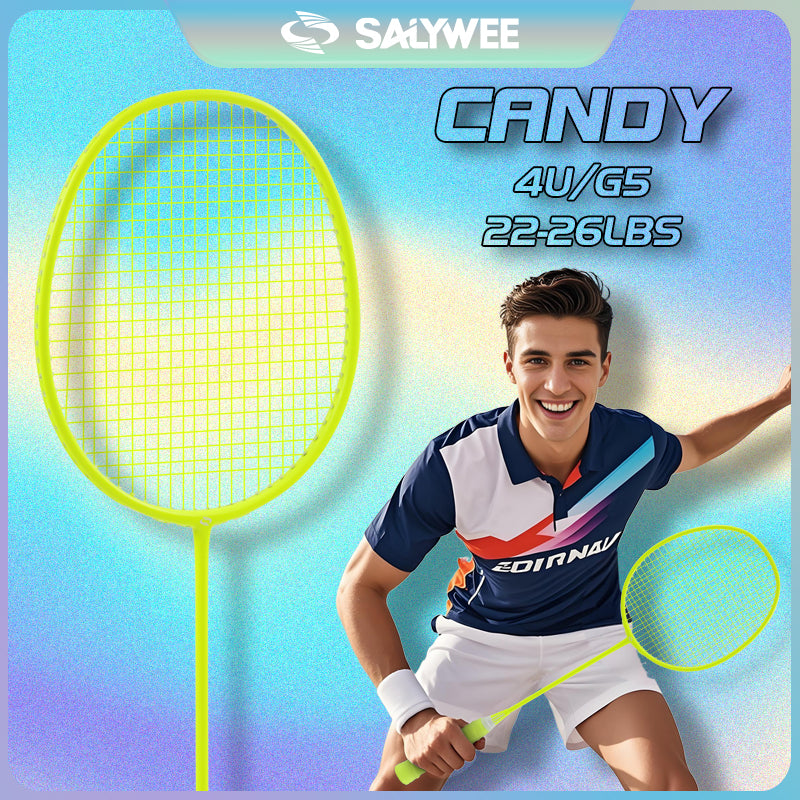SALYWEE Candy 4U Carbon Fiber Badminton Racket, 3 Vivid Colors Blue / Green / Fluorescent Yellow, 22‑26LBS, Beginner & Amateur Recreation Use