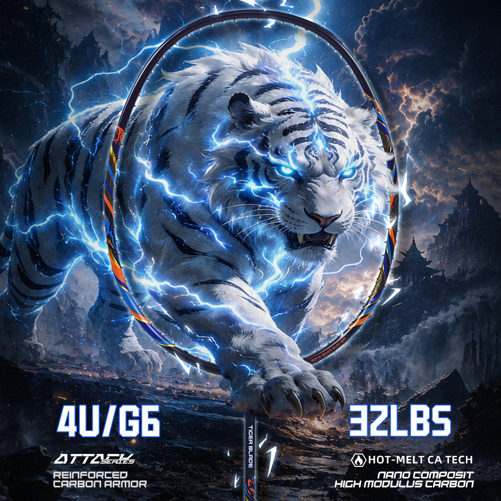SALYWEE Tiger Blade SY908 T800 Carbon Fiber Badminton Racket 4U Offensive Type Max 32LBS Factory Pre‑Strung 26LBS 298±3mm Balance Blue‑White Color