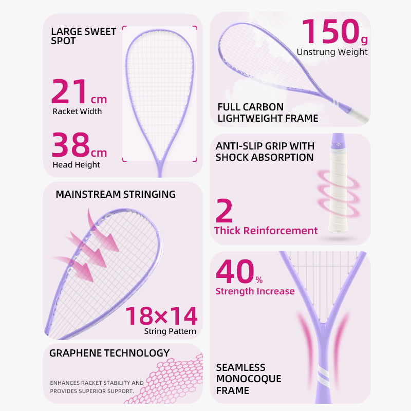 SALYWEE Olivia2.0 Full Carbon Squash Racket SY1028 69cm Length 21cm Width Light‑Weight Indoor Training Squash Racket
