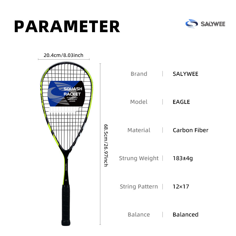 SALYWEE EAGLE Pro Squash Racket Full Carbon Fiber Pre-Strung Balanced Frame for Intermediate & Advanced Players
