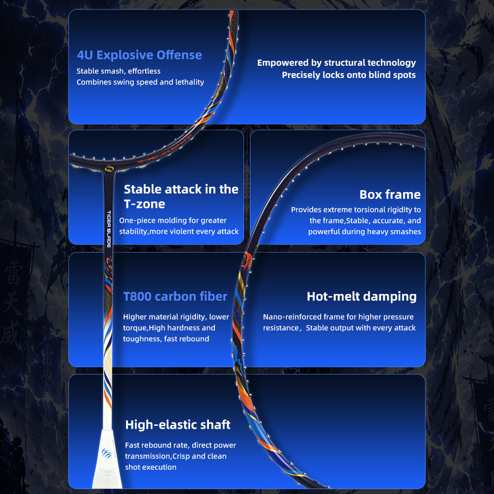 SALYWEE Tiger Blade SY908 T800 Carbon Fiber Badminton Racket 4U Offensive Type Max 32LBS Factory Pre‑Strung 26LBS 298±3mm Balance Blue‑White Color