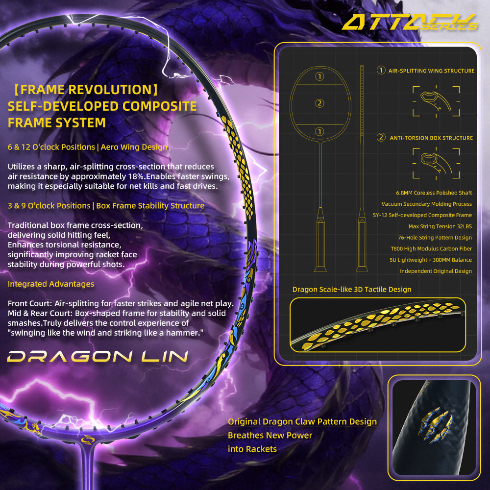 SALYWEE Dragon Lin SY906 Badminton Racket T800+40T Material 300mm Balance Point ≤32LBS Tension Purple Black Offensive Badminton Racquet