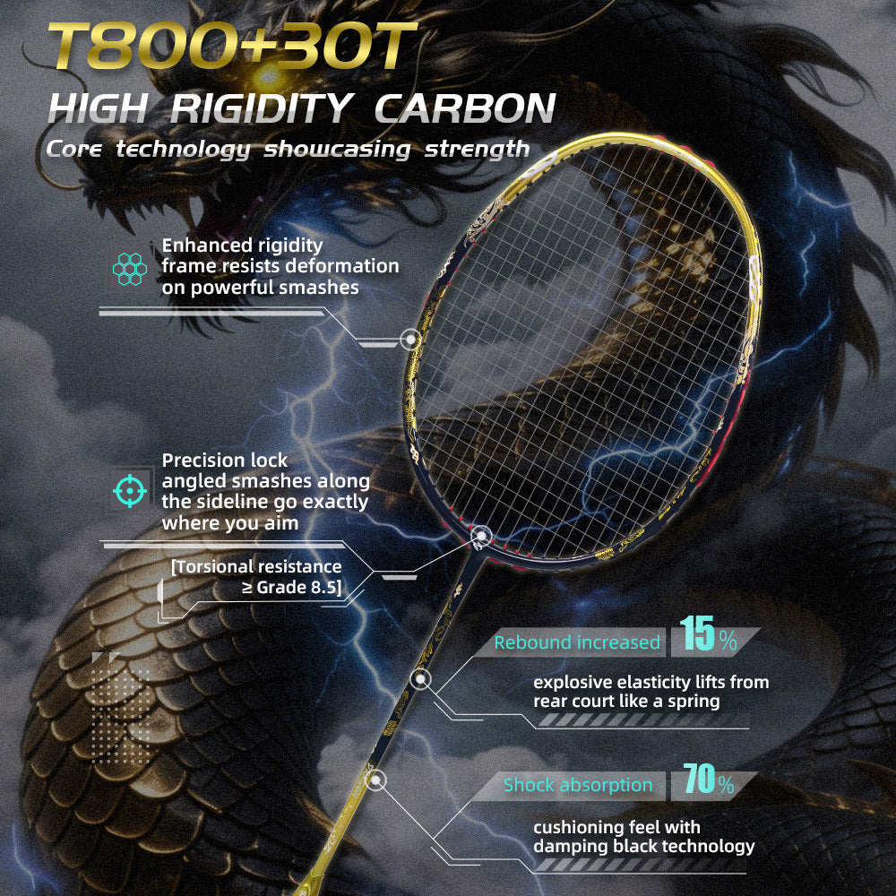 SALYWEE SY904 Golden Dragon Fire Phoenix Badminton Racket T800+30T Carbon Fabric 4U High Tension 26‑35LBS Powerful Smash Competitive Racket