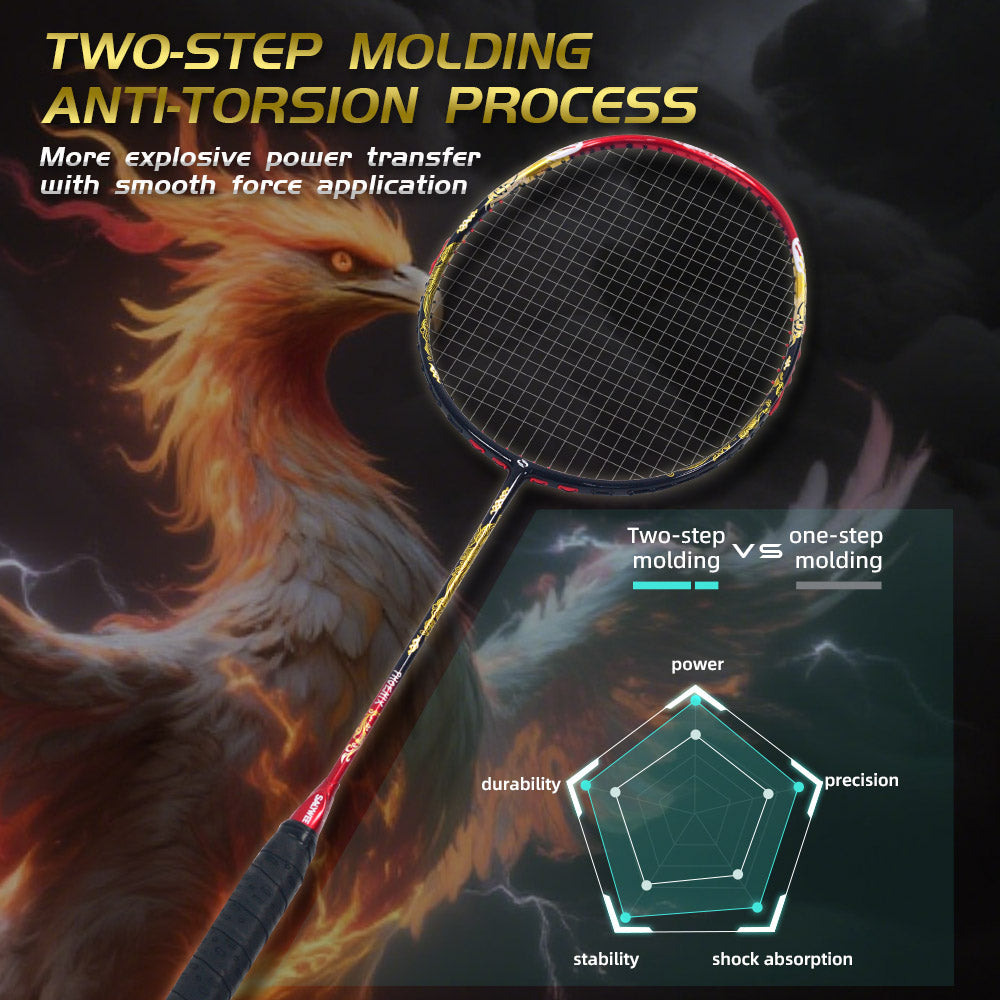 SALYWEE SY904 Golden Dragon Fire Phoenix Badminton Racket T800+30T Carbon Fabric 4U High Tension 26‑35LBS Powerful Smash Competitive Racket