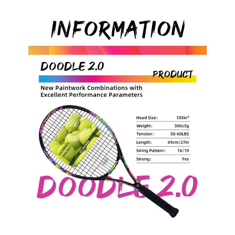 SALYWEE Doodle 2.0 Colorful Doodle Graphic Tennis Racket Pre‑Strung Ready To Play Carbon Tennis Racket for Adult Tennis Lovers