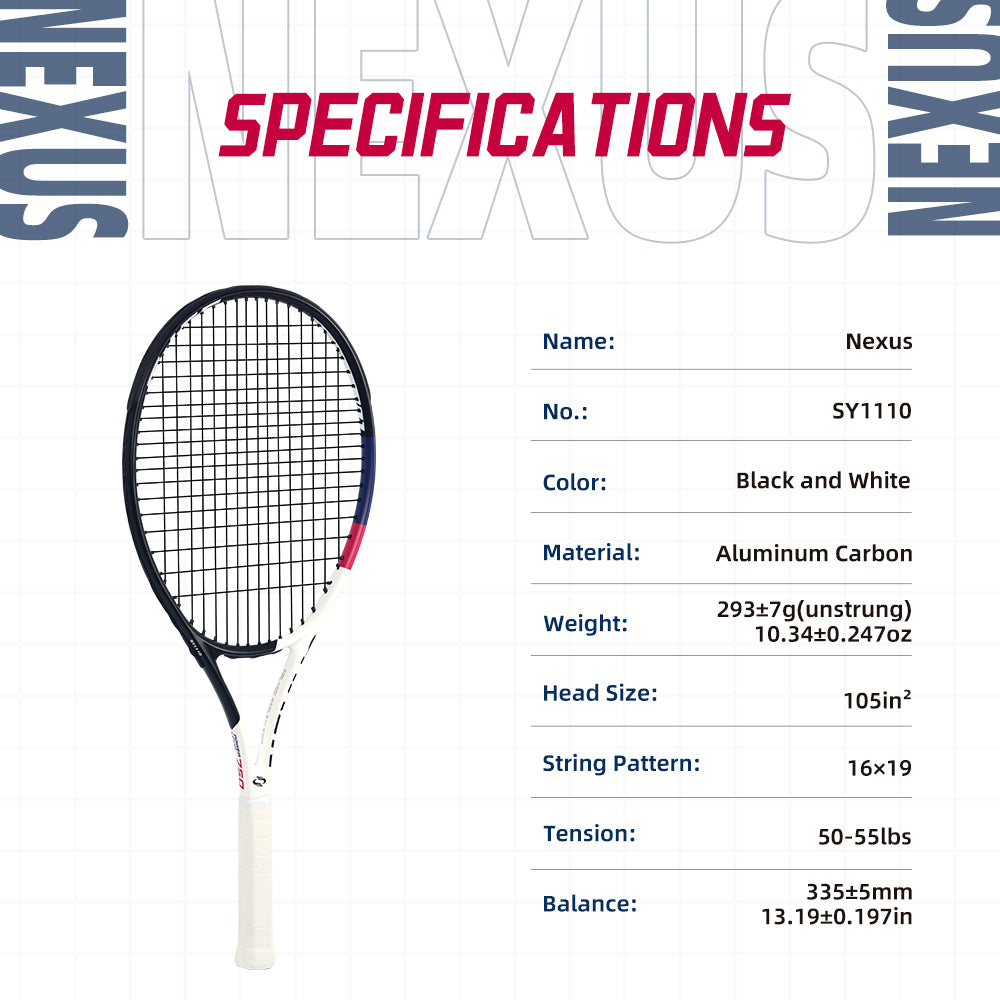 SALYWEE Nexus SY1110 Aluminum Carbon Tennis Racquet 293g Unstrung 16×19 String Pattern 50-55lbs Tension Beginner Recreational Tennis Racket