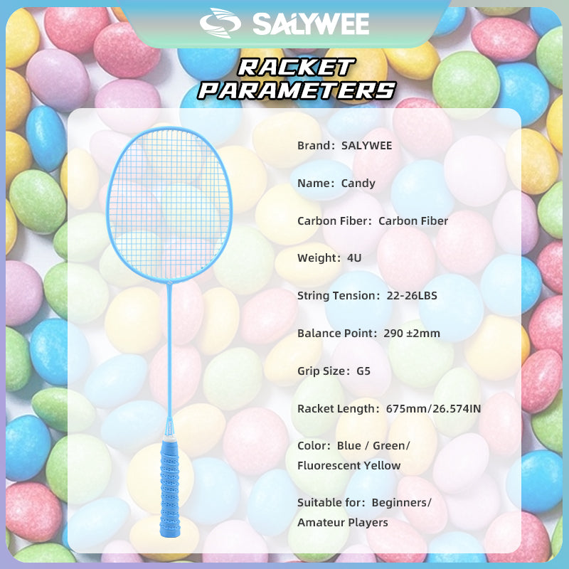 SALYWEE Candy 4U Carbon Fiber Badminton Racket, 3 Vivid Colors Blue / Green / Fluorescent Yellow, 22‑26LBS, Beginner & Amateur Recreation Use