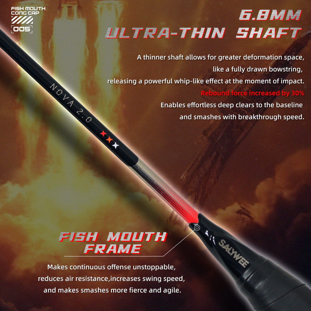 SALYWEE NOVA2.0 Offensive Badminton Racket 5U Ultra‑Light, T700+30T High‑Rigidity Carbon Fiber, 300±5mm Balance, 6.8mm Ultra‑Thin Shaft, 28‑32LBS, 76 String Holes