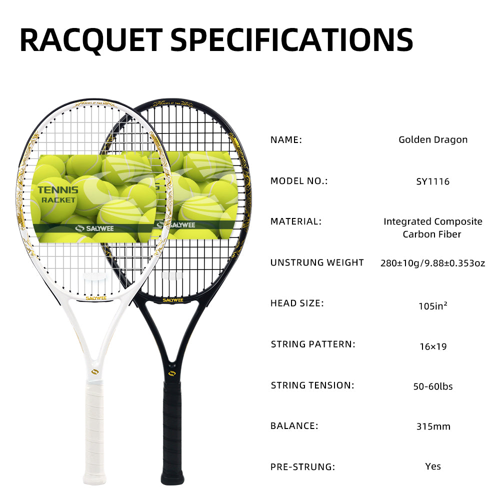 SALYWEE Golden Dragon SY1116 Tennis Racket | Carbon Fiber 280g 105in² 16×19 Pre-Strung Adult Racquet