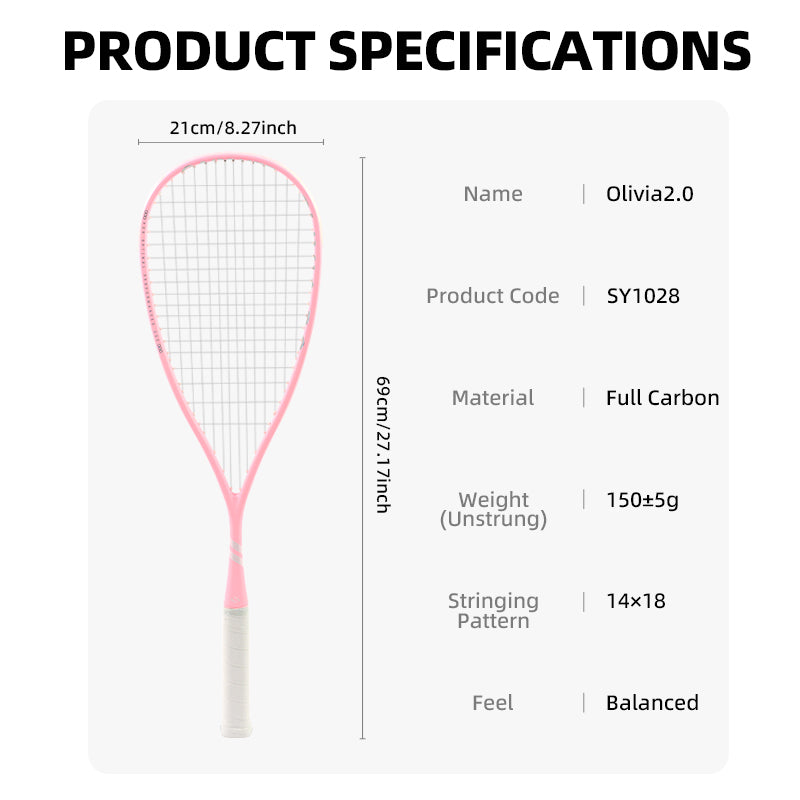 SALYWEE Olivia2.0 Full Carbon Squash Racket SY1028 69cm Length 21cm Width Light‑Weight Indoor Training Squash Racket