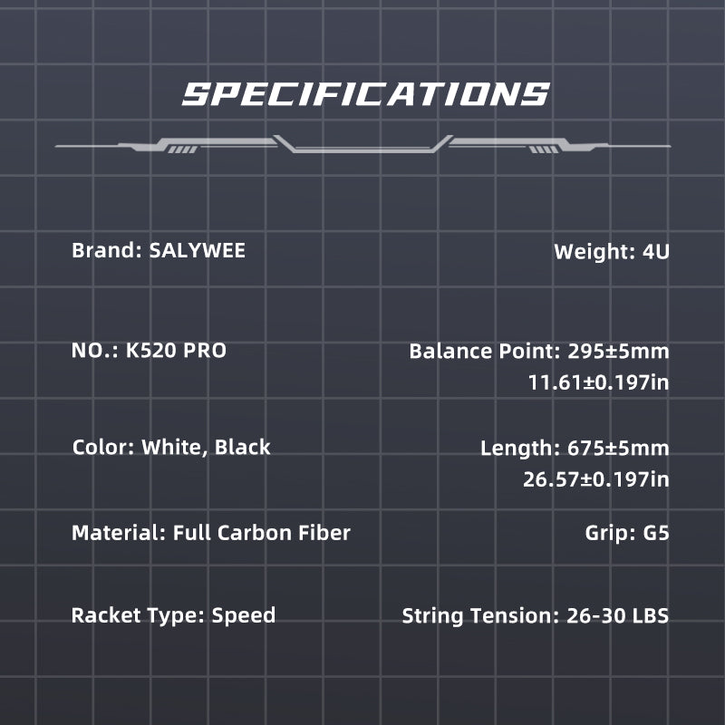SALYWEE K520 PRO Speed‑Type Full Carbon Fiber Badminton Racket 4U, 26‑30LBS Tension, 295±5mm Balance Point, 675±5mm Length, White & Black Color Options